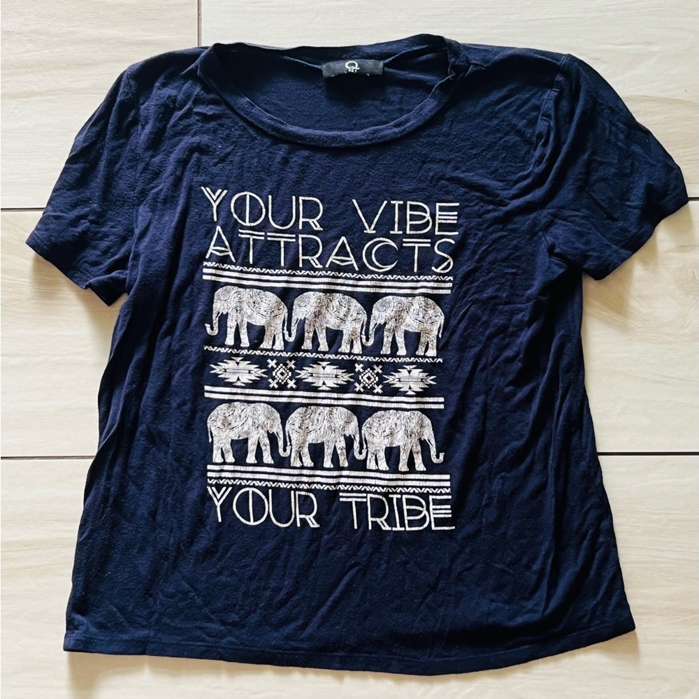 Q Navy Blue Shirt Sleeve Tshirt Girl Sz. 9 ‘Your Vibe Attracts Your Tribe’